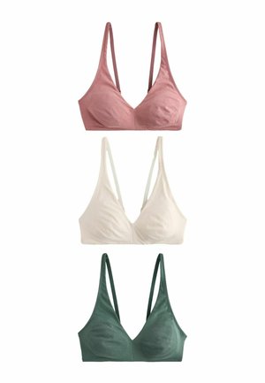 Drei nicht gepolsterte Triangel-BHs aus weichem Stoff: oben in staubigem Rosa, in der Mitte in Off-White, unten in dunklem Grün. Verstellbare Spaghettiträger.