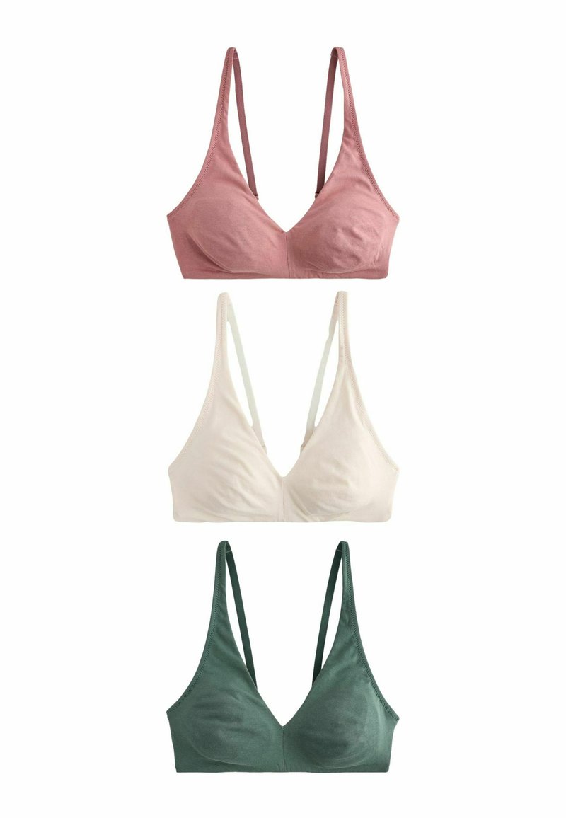 Tři nepodložené trojúhelníkové podprsenky z měkkého materiálu: vrchní v jemně růžové, prostřední v off-white, spodní v tmavě zelené. Nastavitelné ramínka.