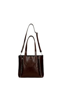 Hnědá kožená kabelka s dvěma horními uchy a odnímatelným ramenním popruhem, která má dvě zipové boční kapsy a hladký povrch.