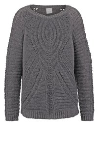 Gray knitted sweater with long sleeves, featuring a textured pattern and decorative beads. Round neckline, ribbed hem and cuffs.