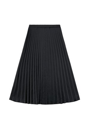 Jupe midi plissée noire avec taille élastique, plis verticaux régulièrement espacés et silhouette légèrement évasée.