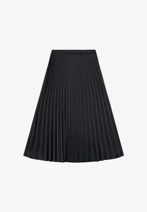 Jupe midi plissée noire avec taille élastique, plis verticaux régulièrement espacés et silhouette légèrement évasée.