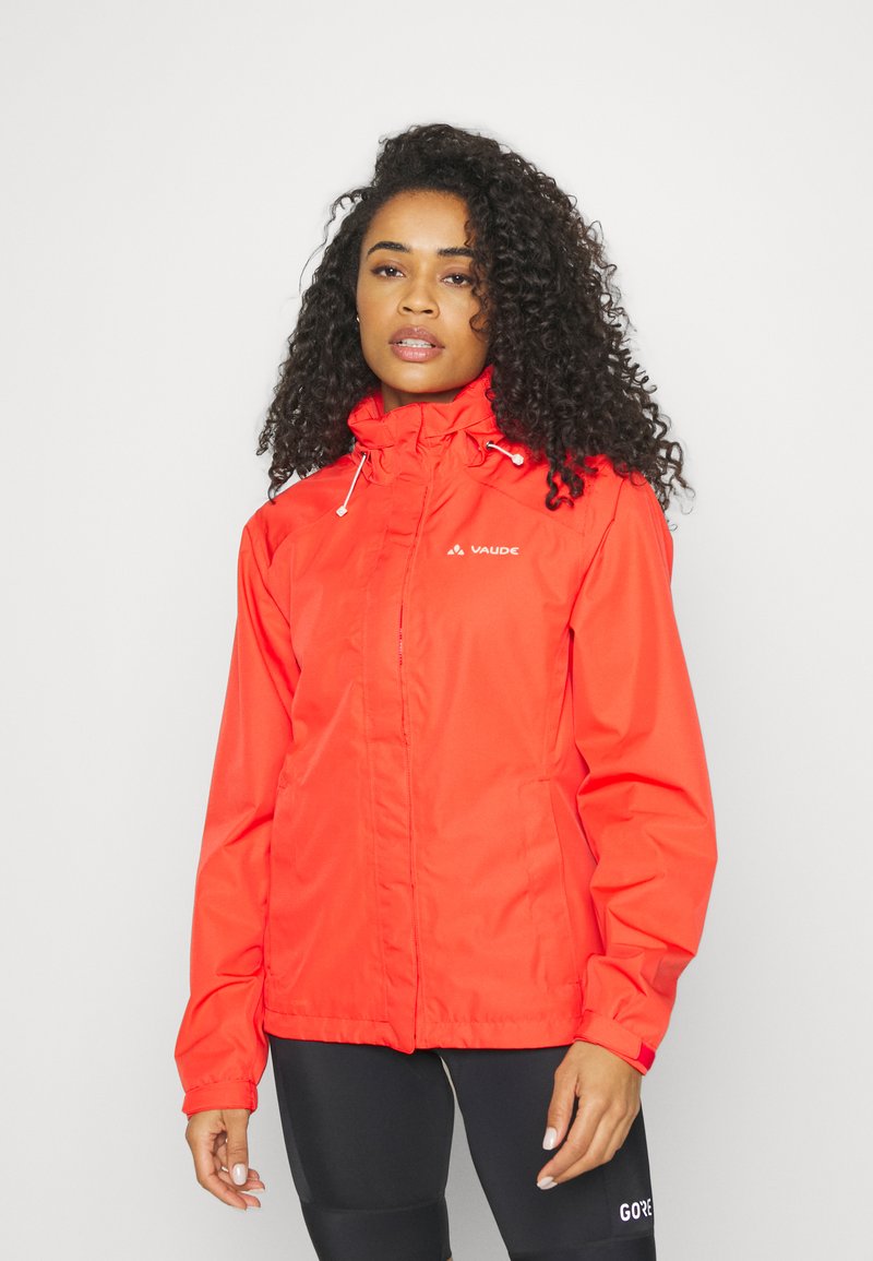 Red waterproof jacket with adjustable drawstring hood and zippered front. Features a logo on the left chest and elastic cuffs.