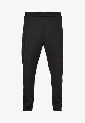 Černé joggingové kalhoty vyrobené z měkké tkaniny, navržené s elastickým pasem, dvěma bočními kapsami na zip a zúženým střihem pro přiléhavý vzhled.