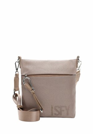 Olkalaukku teksturoidusta beigen värisestä kankaasta, jossa on etuosa vetoketjullinen tasku, irrotettava olkahihna ja hopeanväriset yksityiskohdat.