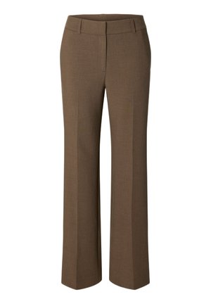 Pantalones marrones a medida de pierna recta con trabillas para cinturón y cierre frontal, mostrados sobre un fondo blanco.