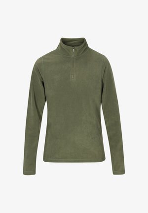 Olivgrüner Fleece-Pullover mit halbem Reißverschluss, langen Ärmeln und hohem Kragen. Verfügt über eine glatte Textur und minimale Nähte.