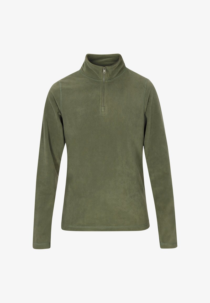 Olijfgroene fleece pullover met een halve rits, lange mouwen en een hoge kraag. Heeft een gladde textuur en minimale naden.