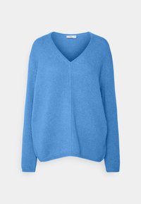 Blauer Strickpullover mit V-Ausschnitt, langen Ärmeln und lockerem Schnitt. Weiche Textur mit gerippten Details am Ausschnitt und Saum.