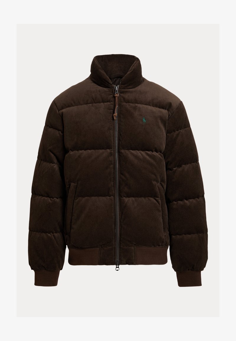 Veste en duvet en velours côtelé marron avec fermeture éclair à l'avant, col montant et poignets côtelés. Comprend un logo discret sur la poitrine et des poches latérales.