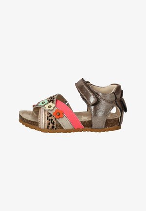 Sandale ouverte pour enfants avec bride de cheville métallique marron, imprimé léopard, bandes rose et beige, et appliques florales multicolores décoratives.