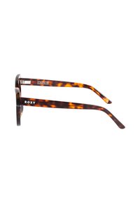 Gafas de sol de carey con montura cuadrada, que presentan un patrón marrón y ámbar, brazos delgados y el logo de Roxy en el lateral.