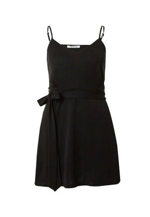 Zwarte jurk met dunne bandjes, V-hals, tailleband en A-lijn silhouet. Gemaakt van een gladde stof, met een eenvoudig, minimalistisch ontwerp.