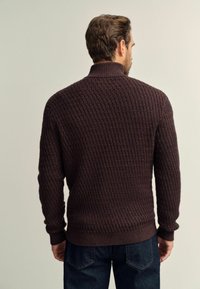 Brown knitted sweater with a textured pattern, high collar, and ribbed cuffs. Worn with dark jeans, showcasing a fitted silhouette.