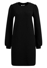 Svart långärmad klänning med rund halsringning, texturerad tyg och puffärmar, med avslappnad passform och knälång nederkant.