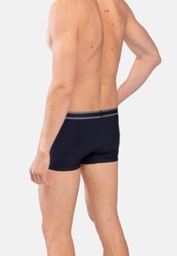 Mörkblå ribbade boxershorts med grå elastisk midja, bärs på en bar överkropp, visar ryggen och låren.