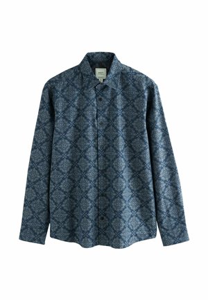 Cămașă cu nasturi și mâneci lungi din bumbac albastru închis, cu model paisley și accente bleu deschis, cu guler standard.