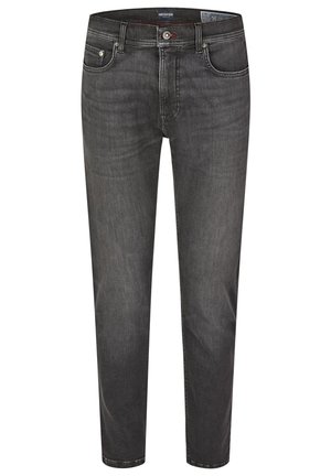 Dunkelgraue Denim-Jeans mit klassischem Schnitt, Fünf-Taschen-Design und Metallbeschlägen. Glatte Textur mit subtilen Nähten um die Taschen.