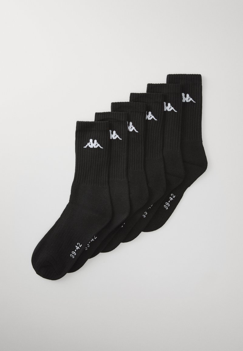 Calcetines de algodón negros, diseño acanalado, pack de seis, con logotipo blanco en los laterales, indicadores de talla impresos en blanco en la punta.