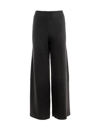 Pantalones anchos negros hechos de una tela suave, con una cinturilla elástica y un diseño simple, sólido, sin patrones ni adornos.
