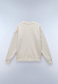 Lichtbeige sweatshirt, zachte katoenmix, ronde hals, lange mouwen, ribbels aan de mouwen en onderkant, geen zichtbare logo's of patronen op de achterkant.