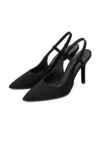 Mustad seemisnahast slingkingad terava nina, õhukese rihma ja 3,5-tollise stiletto kontsaga. Sile tekstuur ja avatud küljed hingavuse tagamiseks.