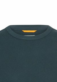 Dunkelgrüner gestrickter Pullover mit rundem Auschnitt; verfügt über ein kontrastierendes oranges Etikett am inneren Kragen. Strukturiertes Gewebe mit gleichmäßig verteilten Stichen.
