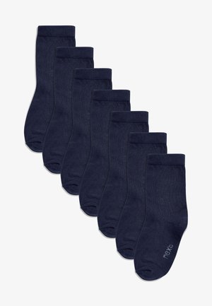 Navyblaue Crew-Socken, Set mit acht. Weiche, glatte Textur mit gerippten Bündchen. Einfaches Design, keine Muster, mit kleinem Logo in der Nähe der Zehen.