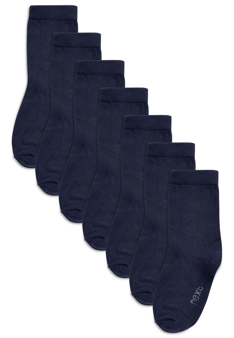 Calzini crew blu navy, set di otto. Tessuto morbido e liscio con polsini a coste. Design semplice, senza motivi, presenta un piccolo logo vicino all'alluce.