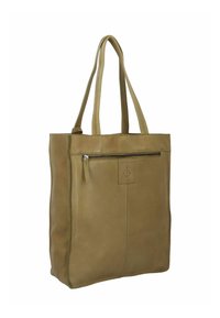 Borsa a tote in pelle marrone con due manici lunghi, tasca frontale con zip e logo ad ancora impresso. Texture liscia e design minimalista.