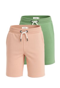 Deux paires de shorts : l'une en pêche doux, l'autre en vert clair. Les deux ont des ceintures élastiques, des cordons de serrage et une texture lisse.