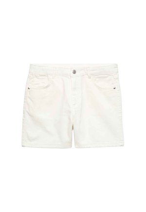 Hvide denimshorts med forlommer, bæltestropper og knaplukning, vist mod en ensfarvet hvid baggrund.