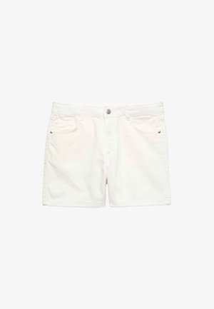 Hvide denimshorts med forlommer, bæltestropper og knaplukning, vist mod en ensfarvet hvid baggrund.