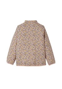 Patterned jacket with a light pink background, featuring floral prints in yellow, brown, and green. Long sleeves and a classic collar design.