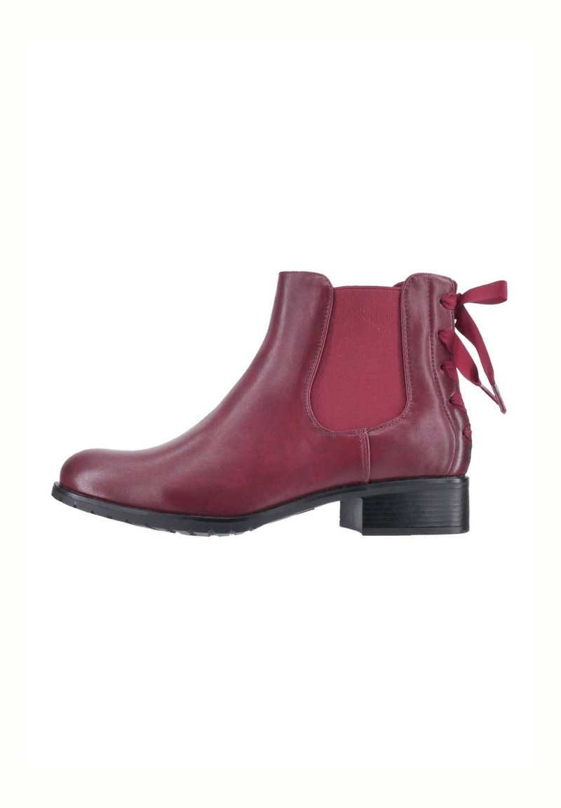 Stivale alla caviglia in pelle bordeaux con pannelli laterali in elastico, punta tonda e piccolo tacco a blocco; presenta un fiocco decorativo sul retro.