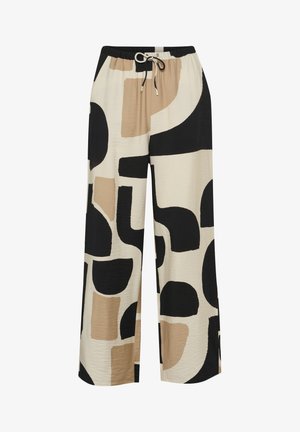 Szerokie spodnie wykonane z lekkiego materiału, z geometrycznym wzorem w kolorach czerni, beżu i kremu. Elastyczny pasek w talii z sznurkiem.