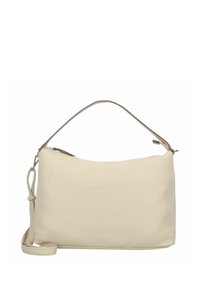Sac à bandoulière en cuir beige avec une surface texturée, fermeture éclair sur le dessus et une bandoulière réglable. Il présente une forme rectangulaire fine.