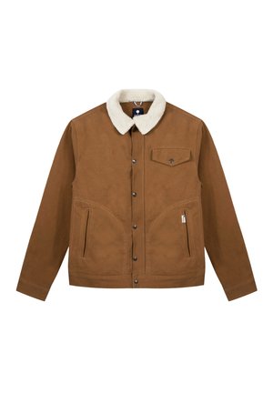 Bruine suède jas met een crèmekleurige schapenvacht kraag, drukknoopsluiting, borstzak en gebogen zijzakken. Glad textuur, casual ontwerp.
