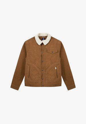 Braune Wildlederjacke mit einem cremefarbenen Shearling-Kragen, Druckknöpfen, einer Brusttasche und geschwungenen Seitentaschen. Glatte Textur, lässiges Design.