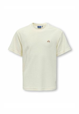 Kortærmet cremefarvet terylstof T-shirt med rund halsudskæring og lille brun sol-logo på venstre bryst.