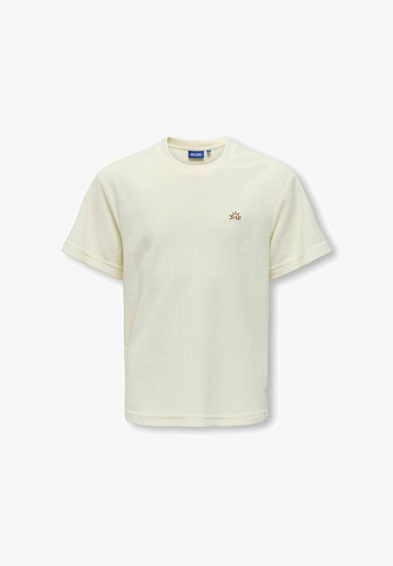 T-shirt crème à manches courtes en tissu éponge avec col rond et petit logo soleil marron sur la poitrine gauche.
