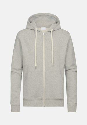 Grauer Reißverschluss-Hoodie aus weichem Stoff, mit einer Kapuze mit Kordelzug, zwei Fronttaschen und gerippten Bündchen. Elegantes und minimales Design.