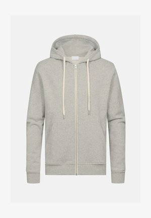 Grauer Reißverschluss-Hoodie aus weichem Stoff, mit einer Kapuze mit Kordelzug, zwei Fronttaschen und gerippten Bündchen. Elegantes und minimales Design.