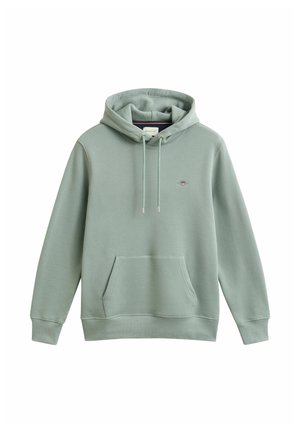 Sudadera con capucha de color verde claro, bolsillo frontal, capucha con cordón y pequeño logo bordado en el pecho.