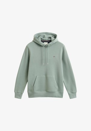 Sudadera con capucha de color verde claro, bolsillo frontal, capucha con cordón y pequeño logo bordado en el pecho.