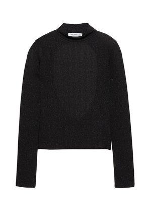 Top negru tricotat cu mâneci lungi, guler înalt și un design scurt. Prezintă un luciu metalic subtil și o textură netedă.