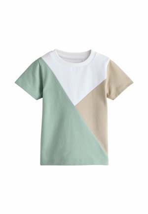 Color-blocked t-shirt featuring a white, light green, and beige design. Short sleeves, crew neck, soft cotton material, and structured form.