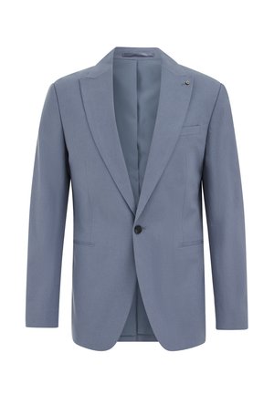 Blazer da uomo azzurro chiaro con un solo bottone, rever a incavo e tasche a filetto, mostrato frontalmente su sfondo bianco.