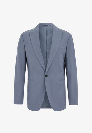 Blazer da uomo azzurro chiaro con un solo bottone, rever a incavo e tasche a filetto, mostrato frontalmente su sfondo bianco.