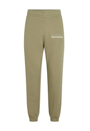 Olive green sweatpants with elastic waistband, tapered legs, and white text design reading "The Future Surf Society" on the side.